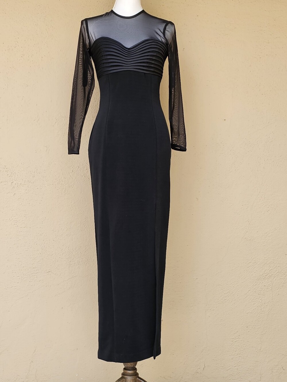 JS Collections Black Floor Length Front Slit W/ Mesh Long Sleeves Sz 6